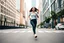 Placeholder: a beautiful lady in pants and shirt and soprt shoes running in modern city street beautiful city scape