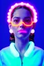 Placeholder: Rosalía, artist, 30 years old, Realistic, waist up portrait. Eyes, glow, circle iris, eye liner. Hair, pigtails. make up, glow. lips, gold. big rings piercing, led ornament, pearls. Coat, smile pin, inflatable latex, cold, led lights, minimal, neon, pink, blue, gold, vibrant color, highly detailed, art stations, concept art, smooth, unreal engine 5, god lights, ray tracing, RTX, lumen lighting, ultra detail, volumetric lighting, 3d, finely drawn, high definition, 4k.