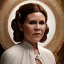 Placeholder: hyperspace background, complete and photo realistic detailed head to waist stunning photo realistic portrait of carrie fisher as Princess Leia in star wars with photo realistic minimal updo hair by Mandy Jurgens and mucha and Richard Schmid and chuck close and chie yoshii, extraordinary and detailed ceremony dress of star wars,brown eyes