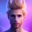 Placeholder: smiling beautiful long hair blond man face with small cristal diadem on the forehead , cosmic armor and cosmic purple and blue sky behind