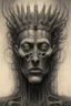 Placeholder: The face of a king with a hairy crown, a thin line draw ، front view camera, decayed and rotting with grotesque proportions and imagery. surreal horror, biomechanical design, by hr giger and beksinski , fine lines draw