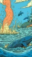 Placeholder: I want a school that burns in the sea, and the fish gather on the school, and in front of the school burning, we see a blue whale and a shark fighting each other.