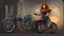 Placeholder: full-height portrait of a woman with straight shoulder-length auburn hair, with metal arms and legs, dressed in leather trousers, and a waistcoat, in a Victorian street next to a steampunk motorbike, blue sky