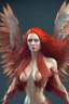 Placeholder: Full body shoot of stunning beauty woman royal phoenix woman with long red hair fluttering in the wind and scaly wings, minimal clothing, extremely muscular, dynamic pose, perfect detailed face, detailed symmetric hazel eyes with circular iris, realistic, stunning realistic photograph, 3d render, octane render, intricately detailed, cinematic, trending on artstation, Isometric, Centered hipereallistic cover photo, awesome full color, hand drawn, dark, gritty, mucha, klimt, erte 12k, high defin