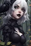 Placeholder: CAT GIRL, goth, forest, nature, cartoon, leaves, half black half white hair, boobs, ravens