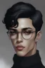 Placeholder: Short black hair, light skin, black skin tight turtle neck clothing, black round glasses, earrings, grey eyes, black eye shadow, man