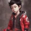 Placeholder: only Distant Japanese child boy, black hair, sitting on floor with back to back, red akira jacket, extremely detailed, extremely realistic