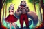 Placeholder: Girl, boy, forest, gray hair, wolf ears, wolf tail, open navel, hands on chest, blushing, standing by a tree, collar on neck, very short red skirt, blood on hands, long nails, wolf hair on legs, more red eyes, glowing mushrooms on trees, big tail