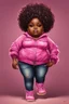 Placeholder: create a oil painting image of a plus size chibi dark skinned Black female wearing a pink jean outfit with timberland boots. Prominent make up with brown eyes. Highly detailed tight long curly afro