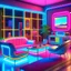 Placeholder: A blend of mid-century modern designs with futuristic elements. Vintage furniture pieces paired with high-tech devices. Pastel colors mixed with metallic and holographic accents. Neon-lit art pieces inspired by the 80s.