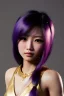 Placeholder: Young asian woman, barbarian character, purple hair, gold eyes, long hair gold jewelry, leather, vibrant color, highly detailed, art stations, concept art, smooth, unreal engine 5, god rays, ray tracing, RTX, lumen lighting, ultra detail, volumetric lighting, 3d, finely drawn, high definition, high resolution.