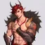 Placeholder: A Young Adult Male. A unique blend of Wood Elf and Red Tiefling features. His handsome face contrasts with the Yakuza dragon tattoos that completly cover his back, arms, and legs. He is wearing a torn coat. A physique that is strong and well-built, resembling a Fighter.