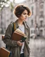 Placeholder: portrait pint of color photo of a student girl 22 years old ,short hair with her books in her hand walking in street,next to trees.close up