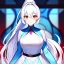 Placeholder: Clear focus, 8k, beautiful lighting, vibrant colors, girl, white hair, long hair, vibrant red eyes, ponytail, same twins, white hair, blue eyes, same clothes,