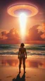 Placeholder: A beautiful naked girl standing on the beach sound looking to sunset clouds looking up toys ufo in the dky