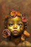 Placeholder: an abstract painting of rusted metal and flowers, heart filled with love African baby, rust, scaffolding, iron cladding, decay, mixed media, textured, anatomically correct, beautiful perfect face, sharp focus, highly detailed