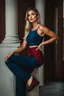 Placeholder: fullbody shot of young-beautiful-german girl-with-a-perfect-face-with-make-up-wearing- blue top and dark red pants standing , prophesional photography studio