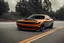 Placeholder: a true-to-life 2023 dark orange dodge challenger hellcat, 2-door, wide-body, pandem, rocket bunny, mopar, carbon fibre, drift car, classic hotrod wheels and rims, ultra realistic, professional artwork, concept art, dark background, extreme detailed, 8k, sharp focus, centered camera, pivot on dodge, art by shiro nakamura