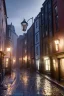 Placeholder: Diagon alley street at night, many houses, wet ground, pole with round light