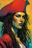 Placeholder: create an imaginative female, ornately dressed Turkish pirate with finely detailed facial features, short dreadlock hair, in the comic book art style of Bill Sienkiewicz, Mike Mignola, and Jean Giraud Moebius, finely textured, drawn, colored, and inked