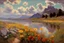 Placeholder: Sunny day, clouds, flowers, mountains, rocks, puddle, trees, epic, sci-fi, surreal, fernand toussaint, gustave caillebotte, and otto pippel impressionism paintings