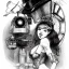 Placeholder: great illustrator, spanish, pencil sketch of a cute girl, beautiful, steampunk syle, black and white. Helmet with tubes. glasses, venetian mask. Machinery in the background. robotic birds flying. High details.