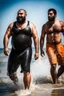 Placeholder: half figure shot photography of two strong muscular chubby hairy burly 32 years old ugly arab fishermen, short beard, shaved hair, shirtless, manly chest, swimwear, emotive eyes, walking on the beach in the sun, side light, sweat and wet, ground view angle