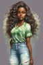 Placeholder: Create an oil painting cartoon image of a curvy black female wearing a light green tie dye t-shirt with white cut up jeans. Prominent make up with hazel eyes. Highly detailed long wavy brown and grey ombre hair flowing in the air.