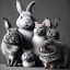 Placeholder: family portrait of 1 grey rabbit, 1 black and grey rabbit, 1 red-headed cat, winter mountain background,