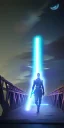 Placeholder: A eastern Soldier walking on the bridge with lightsaber , night , full moon , realistic , high resolution , HD , 1920pX1080p , dark , stars , cloud