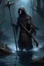 Placeholder: Young Kenku necromancer pirate with black robes and a crooked wooden staff in a dark swamp