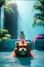 Placeholder: Realistic pool scene. big furry monster into water. Wes Anderson style. Red hair, smile, happy, gradient color fog. highly detailed, concept art, unreal engine 5, ray tracing, RTX, lumen lighting, ultra detail, volumetric lighting, 3d, finely drawn, high definition, high resolution.