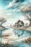 Placeholder: The place where the Dream and its followers live. A reflection of the sky. Watercolor, new year, fine drawing, beautiful landscape, pixel graphics, lots of details, pastel aqua colors, delicate sensuality, realistic, high quality, work of art, hyperdetalization, professional, filigree, hazy haze, hyperrealism, professional, transparent, delicate pastel tones, back lighting, contrast, fantastic, nature+space, Milky Way, fabulous, unreal, translucent, glowing