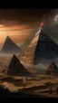 Placeholder: A several volcanos exploding over a the Permit of Egypt in high definition cinematic theme with stormy fiery sky. 3 UFO triangle shapes hovering over