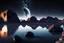 Placeholder: Grey Exoplanet in the hotizon, rocks, Night, lagoon reflection, sci-fi, epic