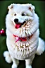 Placeholder: Cute, fluffy, happy looking white Samoyed dog, colorful, festive atmosphere, detailed, congratulating