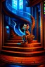 Placeholder: chat robot creating crazy revenue in the style of escher and giger, spray paint, photo realism, trending on art station, 8k, depth of field, down light, light rays, volumetric, reflective spiral staircase, blue, brown and orange