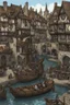 Placeholder: gothic medieval harbour with ships, piers, houses, shops, inns, balconies, plants, people, market