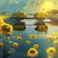 Placeholder: yellow water of lake with bridge of sunflowers and tanks and in fuggy sky with dim sunlight