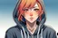 Placeholder: An anime young adult female with medium length bright red hair, she has brown eyes, wearing a black hoodie, realistic, slight smile