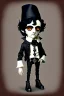 Placeholder: black haired black eyed young man necromancer steampunk goth Gnome that looks like a young Edgar Allan Poe with gothic jewelry in the style of Charles Addams