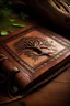 Placeholder: brown leather bound book, an oak tree is embossed on the front cover, a compass of the 4 elements is embossed on the fron cover, the book should look old and mystic, possibility to be locked by a buckle