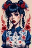 Placeholder: wears a smart shirt which is embroidered with bluered flowers and ornaments, has dark eyes and horns,Poster in two gradually, a one side malevolent goth vampire girl face and other side the Singer Melanie Martinez face, full body, painting by Yoji Shinkawa, darkblue and sepia tones, 90's movie , un pixel art , for a retro gaming 2D style,