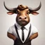 Placeholder: Royal Game casino cartoon rendering in hwst artstyle (pure white studio background:1.3) brown bull with horns with a soft smile, wearing a white shirt and black tie.