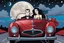 Placeholder: close up illustration from a surreal comics caracter vampire couple (pale skin, dark hair, black-dark red nice gothic clohts) riding a sport coupe car, driving toward you in Summer night,they looking at camera, Tim Burtron and El Kazovszkij style , blue sky with moon and stars. They driving down a surrreal crepy stunning scenic , surrounded by black trees siluette, high detailed, cold silver and dark colors, intricate details, beautifull shot, pale lights, surreal mood, anime, cinematic