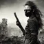 Placeholder: women, faces covered in black masks, ragged clothes, holding flag, war-torn, destroyed city in the background, 8k resolution, hyperrealistic, detailed matte painting, b&w, dynamic lighting, war, anarchy, terrorists, sepia