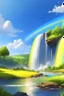 Placeholder: Un paisaje realista de un día soleado, de fondo una catarata y el arcoiris