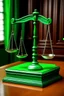 Placeholder: The scales of justice are placed on a desk with a green flag behind it