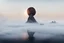 Placeholder: atop the tip top of a lonely mountain's peak, a big rocky clay sphere is broken and stuck. foreground shrouded in mist. cinematic lighting, artstation, grim mood, looking up camera angle