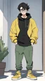 Placeholder: generate a tall guy with green eyes, black short hair, black rectangular glasses, plump lips, wide shoulders, in a black sweatshirt, black pants with pockets on the hips, yellow short socks, in black sneakers, wide shoulders, the guy is crying